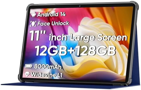 2025 Upgraded Android 14 Tablet, 11inch Tablet PC,Support Face Unlock, Octa-core CPU,12GB+128GB+1TB Expand, 8000mAh Big Battery, 18W Fast Charging, WiFi6, BT5.0,Touchscreen Display Tableta with Case
