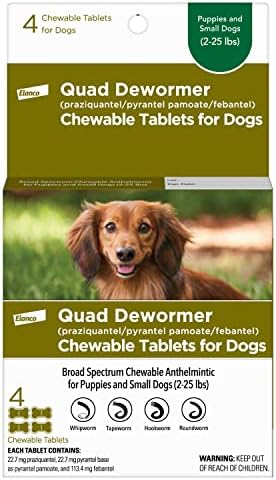Elanco Chewable Quad Dewormer for Small Dogs, 2-25 lbs, 4 Chewable Tablets, White