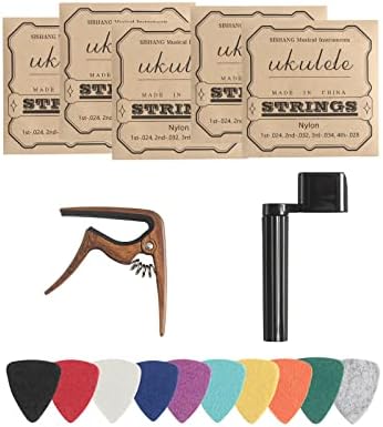 Donux Nylon Ukulele Strings Kit,Include 5 Sets Strings,10 Pieces Ukelele felt picks,Capo and String Winder for Soprano Concert and Tenor Ukele