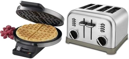 Cuisinart WMR-CAP2 Round Classic Waffle Maker, Brushed Stainless,Silver & 4 Slice Toaster Oven, Brushed Stainless, CPT-180P1