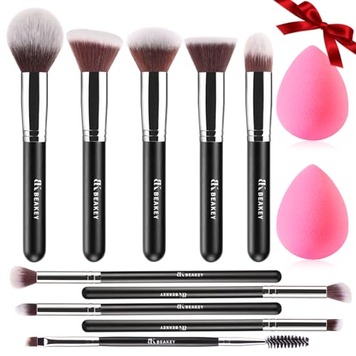 BEAKEY Makeup Brushes Set, Professional Foundation Eyeshadow Concealer Blush Powder Bronzer Applicator, 2 Blender Sponge with Beauty Paper Case, Valentines Day Gifts for Her