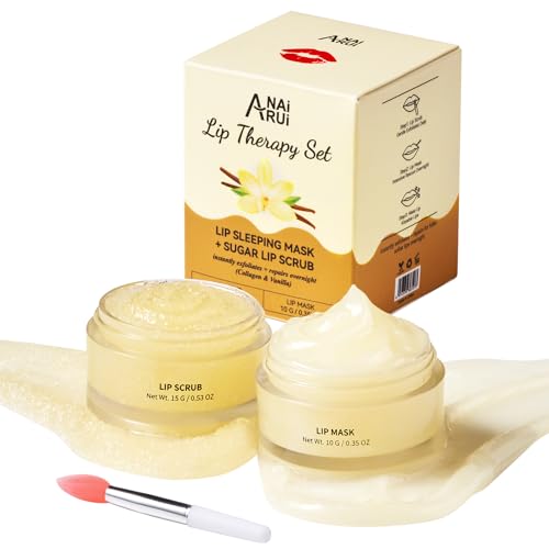 ANAI RUI Lip Mask and Scrub Set, Lip Sleeping Mask & Lip Exfoliator/Scrub for Exfoliating & Lip Overnight Treatment, Lip Care Gift Kits for Dry, Chapped & Dark Lips, Reduce Fine Lines, Vanilla