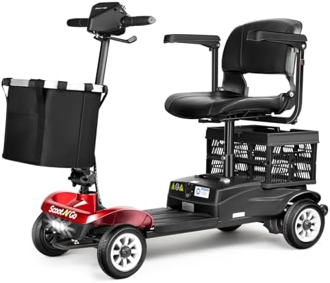 Mobility Scooters for Seniors& Adults Foldable Powered Wheelchair Device with Dual Detachable Baskets 4 Wheel Mobility Scooter with Long Travel Range (Red-Black)