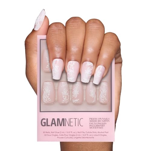 Glamnetic Press On Nails - Lace Blush | Medium Coffin Nails with Lace Detailing, Reusable Stick On Fake Nails with Glue | Love In Bloom Spring Nails | 15 Sizes - 30 Nail Kit with Glue