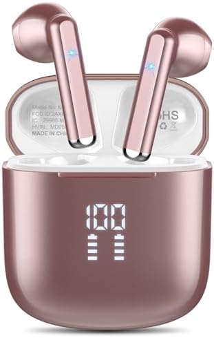 Wireless Earbuds, Bluetooth 5.3 Headphones with 4-Mics Clear Call and ENC Noise Cancelling, Bluetooth Earbuds Touch Control Stereo Sound with LED Display, Waterproof Running Headphones (Rose Gold)