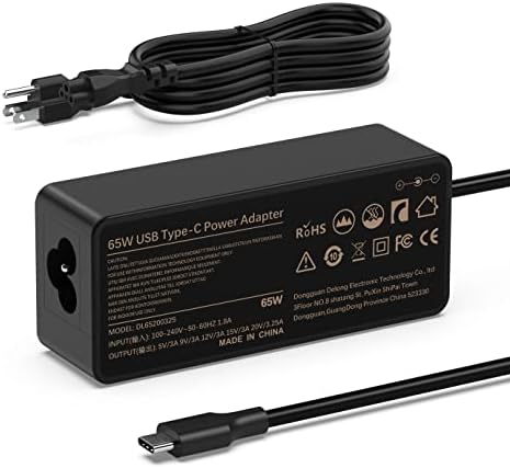 Laptop Charger 65W watt USB Type C AC Adapter Replacement for Hp Chromebook 14 13 X360 Spectre x360 Elite x2 EliteBook; Lenovo Yoga,Dell, ASUS,Acer Type C Power Supply Adapter with Cord
