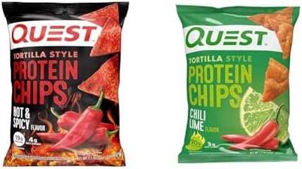 Quest Nutrition Tortilla Style Protein Chips, Hot & Spicy, 19g of Protein, 4g Net Carbs, Gluten Free, 1.1 Ounce (Pack of 12) & Tortilla Style Protein Chips, Chili Lime, Baked, 1.1 Oz, Pack of 12
