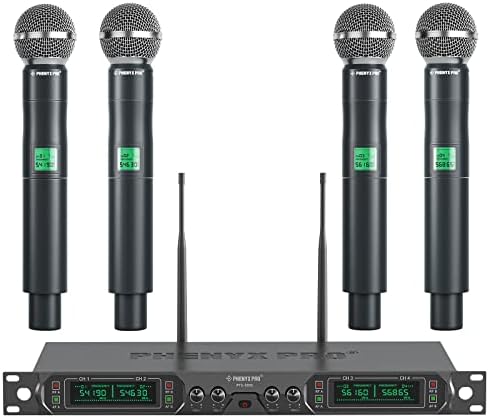 Phenyx Pro Wireless Microphone System, 4-Channel UHF Wireless Mic, Fixed Frequency Metal Cordless Mic with 4 Handheld Dynamic Microphones, 260ft Range, Mics for Singing, Church(PTU-5000-4H)