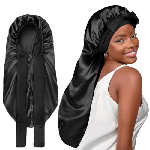 YANIBEST Silk Bonnet for Sleeping Women Braid Bonnet for Long Hair with Tie Band Satin Bonnet for Braids Hair Sleeping Cap Gifts for Women Black