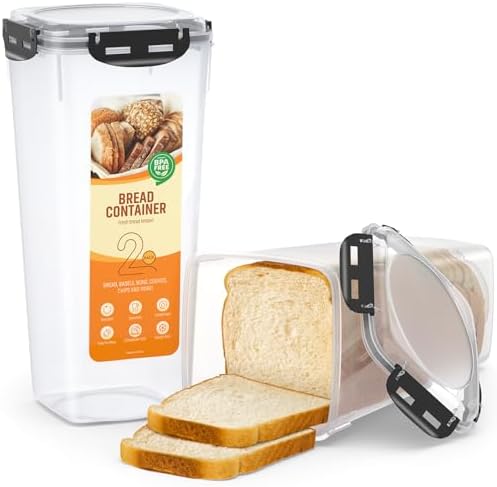 Bread Box Pack of 2 Bread Container - Fresh Bread Storage Box Plastic Bread Keeper with Airtight Lid, Sandwich Bread Dispenser Loaf Storage Saver for Kitchen Home, BPA Free, 5 Liter