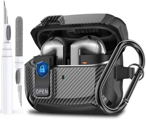 Galaxy Buds 3 Pro/Buds 3 Case Cover 2024 with Secure Lock Clip, Shockproof Samsung Galaxy Buds 3/3 Pro Protective Hard Cover Shell with Carabiner&Cleaner kit for Men Women, Carbon Black