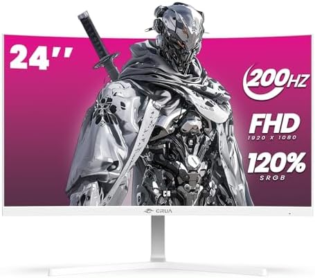 CRUA 24" Curved Gaming Monitor, 165Hz/200Hz Computer Monitor, FHD 1920x1080, 120% sRGB, AMD FreeSync, Blue Light Filter, for Gaming & Office, Wall Mountable- White