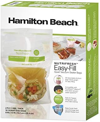 Hamilton Beach Easy-Fill 32 Count One Quart Vacuum Sealer Storage Bags for Food, BPA Free, 12” x 8”, Meal Prep and Sous Vide