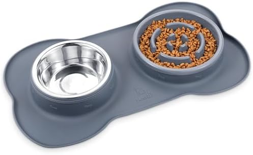 Pecute Slow Feeder Dog Bowls to Slow Down Eating, Dog Bowl Slow Feeder with No-Spill Non-Skid Silicone Mat, Food-Grade Safe Dog Food Bowls Slow Feeder, Stainless Steel Dog Water Bowl for Dogs Cats