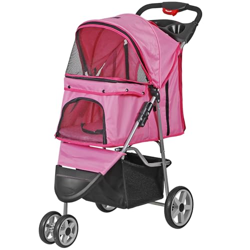 Foldable Pet Stroller for Cats and Dogs 3 Wheels Carrier Strolling Cart with Weather Cover, Storage Basket + Cup Holder (Pink)