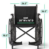 Medline Durable Steel Wheelchair with Flip-Back Desk-Length Arms, Swing Away Footrests, 20-Inch Wide Seat, 300-Ib Weight Capacity, Black