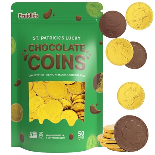 St. Patrick's Day 50 Chocolate Coins Lucky Gold Coins Foils, Shamrock Clover Belgian Milk Chocolate Coins Bag Nut-Free (50-Pack)