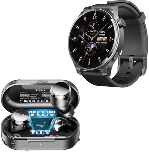 TOZO S5 Smartwatch (Answer/Make Calls) Sport Mode Fitness Watch, Black + T12mini Wireless Bluetooth in-Ear Headphones Black