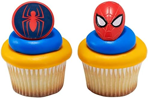 DecoPac Marvel's Spider-Man™ Spider and Mask Rings, Spider-Man Cupcake Decorations, Red and Blue Food Safe Cake Toppers – 24 Pack