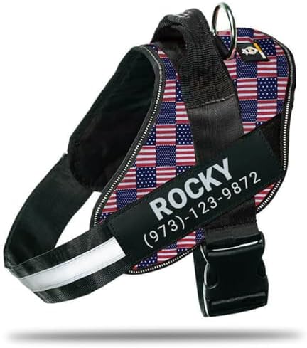 Personalized No-Pull Dog Harness with Name Patch, Padded, Adjustable and Reflective Service Dog Vest, Easy On Dog Harnesses for Medium Large Small Sized Dog US Flag, M