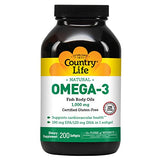 Country Life Omega-3 1000mg, EPA DHA Fish Oil, One-Softgel-Per-Day, 200 Softgels, Certified by Gluten Free