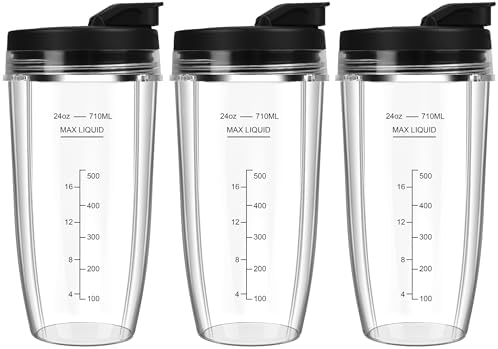 Blender Cups Replacement for Ninja, 24oz Ninja Blender Cups with To-Go Lids Compatible with Ninja BL450, BL456, BL480, BL2012, BL2013, BN401, BN751, BN801, SS101, SS151 (3 Pack)