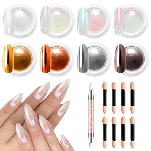 Mermaid Pearl Chrome Nail Powder: 8 Colors Mirror Effec Chocolate/Coffee/Copper Chrome Nail Powder，Magic Mermaid Pink Chrome Nail Powder Pigment for Nail Art Design Home DIY（Purple/Green）
