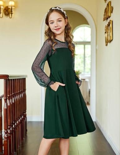 Arshiner Girl's Sheer Mesh Lantern Long Sleeve Green Christmas High Waist Elegant Party Short Dress 11-12 Years