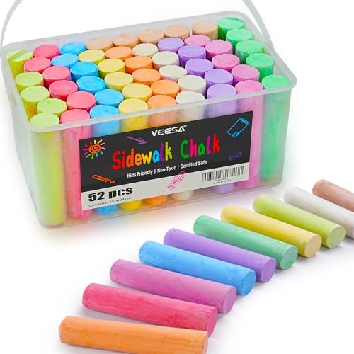 VEESA Sidewalk Chalk, 10 Colors in 52 Pcs 4” x 1” - Non-Toxic Jumbo Colored Chalk Bulk for kids Adults, Draw on Chalkboard, Blackboard and Outdoor Playground