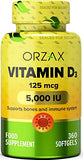 ORZAX Vitamin D3 5000 iu (125 mcg) - 1 Year Supply for Strong Muscle Function & Immune Support - Mood Supplement for Wellness (360 Softgel)