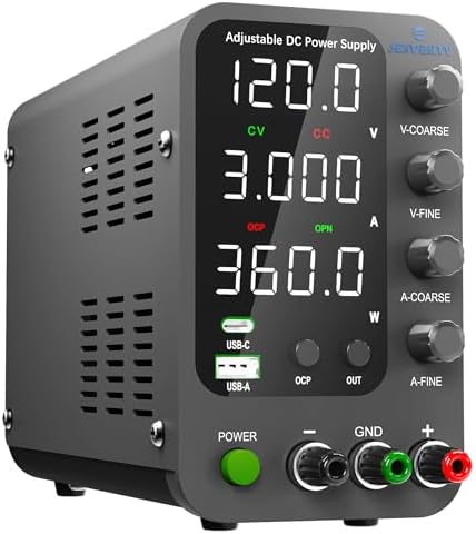 DC Power Supply Variable, 0-120V 0-3A Switching Bench Power Supply with 20W USB & Type-C Quick-Charge, Encoder Corase & Fine Adjustment Knob, Output Switch, 4-Digit LED Display - SPS-12003V