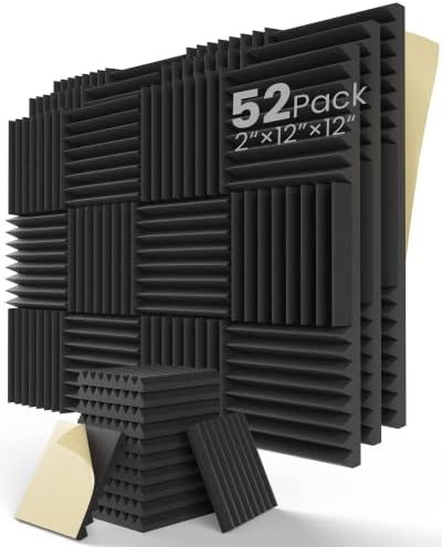 Sound Proof Foam Panels for Walls Self-Adhesive Upgrade 52 Pack,2" X 12" X 12" Quick-Recovery Acoustic Panels,soundproof Wall Panels High Density (52pcs, Black)