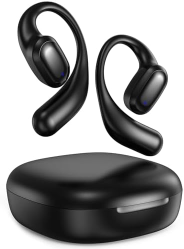 Open Ear Headphones, Bluetooth 5.3 Wireless Earbuds with Earhooks, 60 Hours Playtime, Fast Charging, Sweat Resistant, Sport Earphones with Digital Display Charging Case for Workout Black