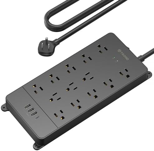 TROND Surge Protector Power Strip, 4000 Joules, ETL Listed, 13 Widely-Spaced Outlets Expansion with USB C Ports, Low-Profile Flat Plug, Wall Mountable, 5ft Extension Cord, 14AWG Heavy Duty, Black