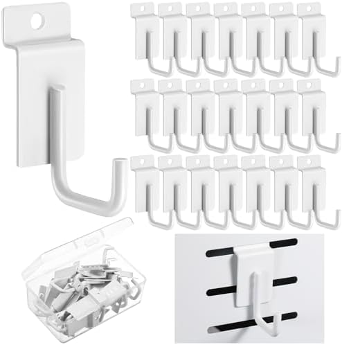 Tandefio 25 Pack J Shaped Slatwall Hooks J Hook Slatwall Hooks and Hangers Heavy Duty Slatwall Accessories for Display Panel Garage, 3.25 Inch (White)
