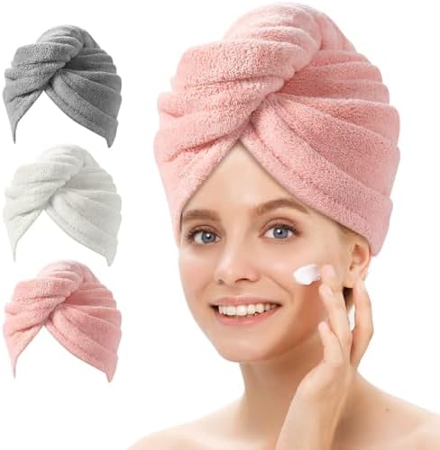 YFONG 3 Pack Microfiber Hair Towel Wrap for Women, Rapid Drying Towels for Hair with Button,Super Absorbent Hair Turbans for Wet Hair Long Thick Curly Hair