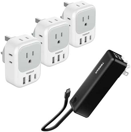 US to UK Plug Adapter 3 Pack, TESSAN Type G Travel Plug with 4 Outlets 3 USB Ports(1 USB C), Portable Charger Power Bank, 3 in 1 Power Bank 20W Fast Charging