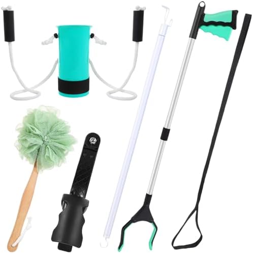 Domensi 6 Pcs Total Hip Kit with Leg Lifter Hip Back Knee Replacement Recovery Aid for Seniors Pregnant 32'' Foldable Grabber Sock Assist Device No Bending Shoe Horn Dressing Stick Bath Sponge (Green)