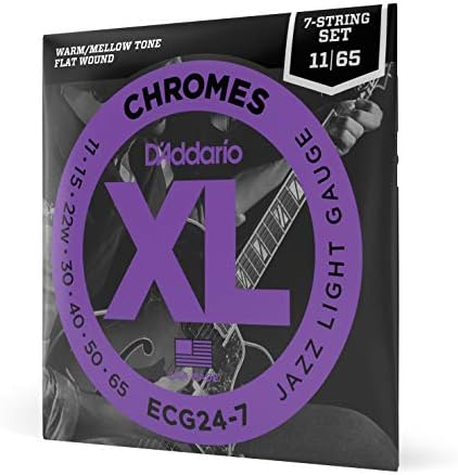 D'Addario Guitar Strings - XL Chromes Electric Guitar Strings - Flat Wound - Polished for Ultra-Smooth Feel and Warm, Mellow Tone - ECG24-7 - Jazz Light, 7-String, 11-65, 1-Pack
