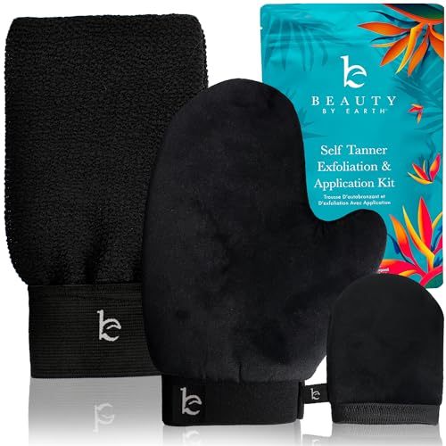 Self Tanning Mitt Applicator Set - 3 in 1 Ultra Soft Mitts, Exfoliating Glove, Face & Body Tanner Glove w/Thumb, for the Perfect Streak-Free Fake Tan, Velvety Soft Tanning Lotion Applicator, Reusable