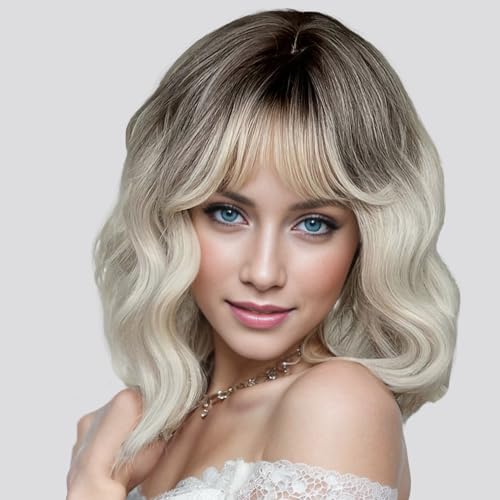 silver wig with Bangs Short Wavy Wigs for Women Ombre Silver Curly Shoulder Length Bob Wig Synthetic fiber Wigs for Daily Party Use（14 Inch