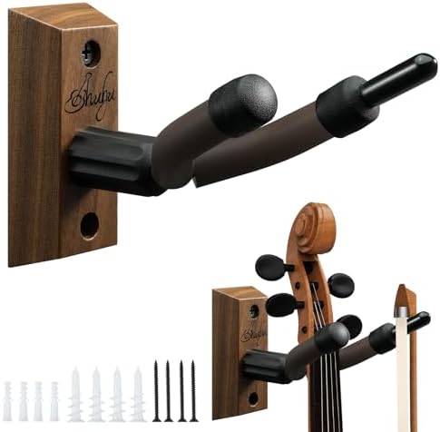 Ohuhu Violin Wall Mount Hanger, Hardwood Violin Hanger with Bow Holder for Home & Studio (2 Pack)