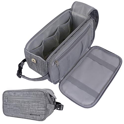 PAVILIA Toiletry Bag for Men, Travel Essentials Shaving Dopp Kit, Mens Travel Bag Toiletries Organizer Case for Grooming, PU Leather Water Resistant Cosmetic Bag Pouch (Heather Grey)