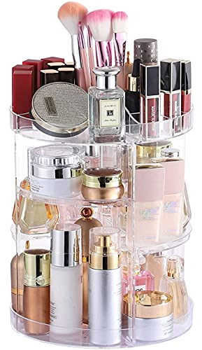 Cq acrylic 360 Degree Rotating Makeup Organizer Countertop For Vanit,Adjustable Make up Holder Height,Clear Plastic Spinning Skincare Organizer for Skin Care Beauty Product Bathroom Organizer,1Pcs