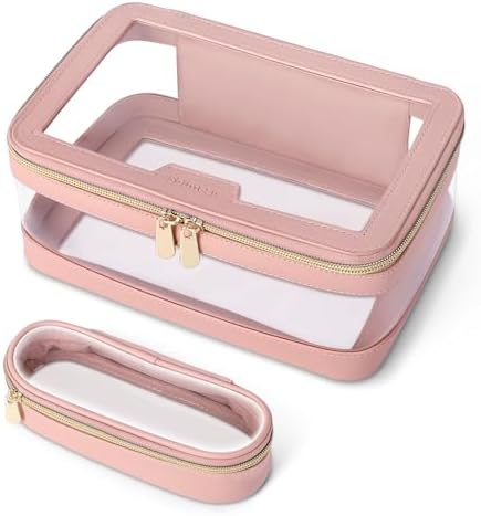 Travel Clear Makeup Bag with Makeup Brush Bag, Leather Makeup Case Toiletry Bag, Portable Cosmetic Bag Case, Transparent Waterproof Cosmetic Organizer Storage Bag for Women, Pink