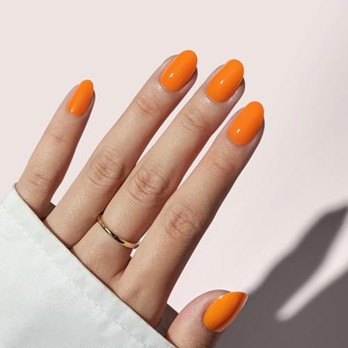 BTArtbox Press On Nails Short - Soft Gel Orange Press on Nails, Short Oval Fake Nails with Nail Glue, Fit Perfectly, Fall Glue On Nails in 16 Sizes Nail Kit for Spring Day, Maple