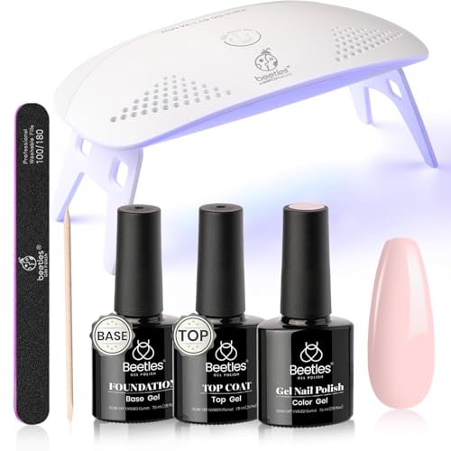 Beetles Nude Pink Gel Nail Polish Kit with UV LED Light Nail Lamp 6 Pcs Starter Kit Base Gel Top Coat Soak Off Nude Pink Gel Polish Set with Nail File for DIY Manicure Valentine's Day Gift for Women