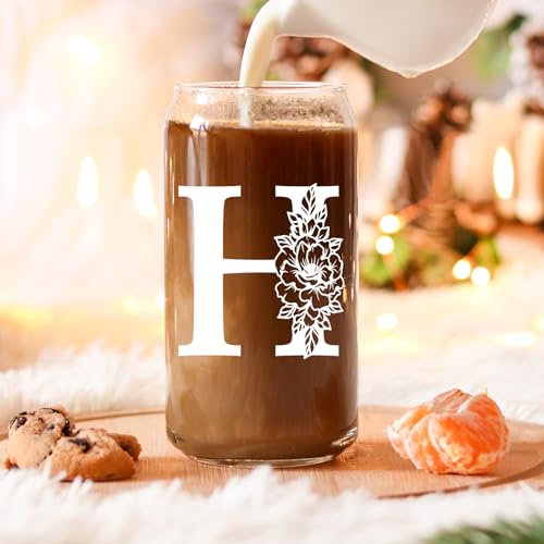 Coolife Initial Glass Cup, Monogrammed Gifts for Women, 16 oz Glass Cups w/Lids Straws, Iced Coffee, Smoothie, Beer Glass Tumbler w/Straw Lid - Personalized Christmas, Birthday Gifts for Her Mom