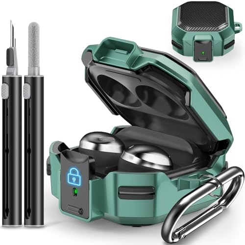 with Safety Lock Carbon Fiber Case for Samsung Galaxy Buds Pro 2 Case/Galaxy Buds 2 Case/Galaxy Buds Live Case/Galaxy Buds Pro Case/Galaxy Buds FE Case 2023 with Keychain/Cleaner Kit - Green
