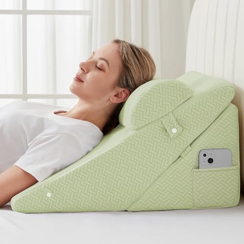 Sasttie Wedge Pillow Set for After Surgery, Adjustable Bed Wedge Pillow Headboard with Orthopedic Memory Foam Neck Cushion – for Acid Reflux, Sleeping, Neck & Back Support, Sage